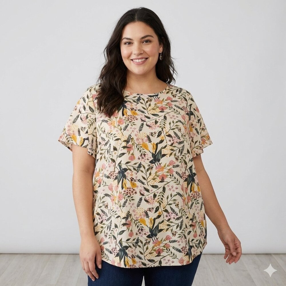 AVA & VIV WIDE NECK CAP SLEEVE CASUAL FLORAL CHIC BOHO CAREER BLOUSE SZ. 1X